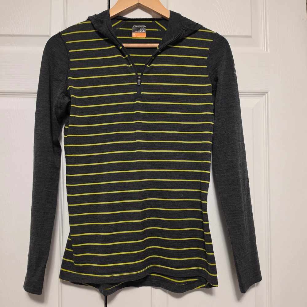 Icebreaker Merino 200 Striped Quarter Zip Hoodie Charcoal Lime Green Size Medium